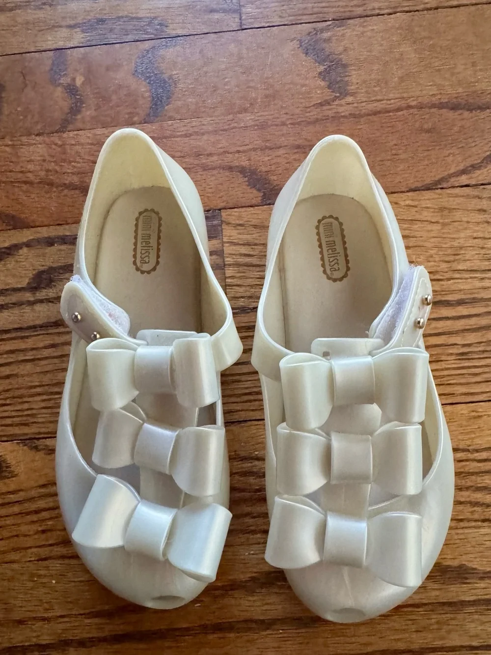 MINI MELISSA Triple Bow Ballet Flat Pearl White Dress Mary Jane Shoes 12